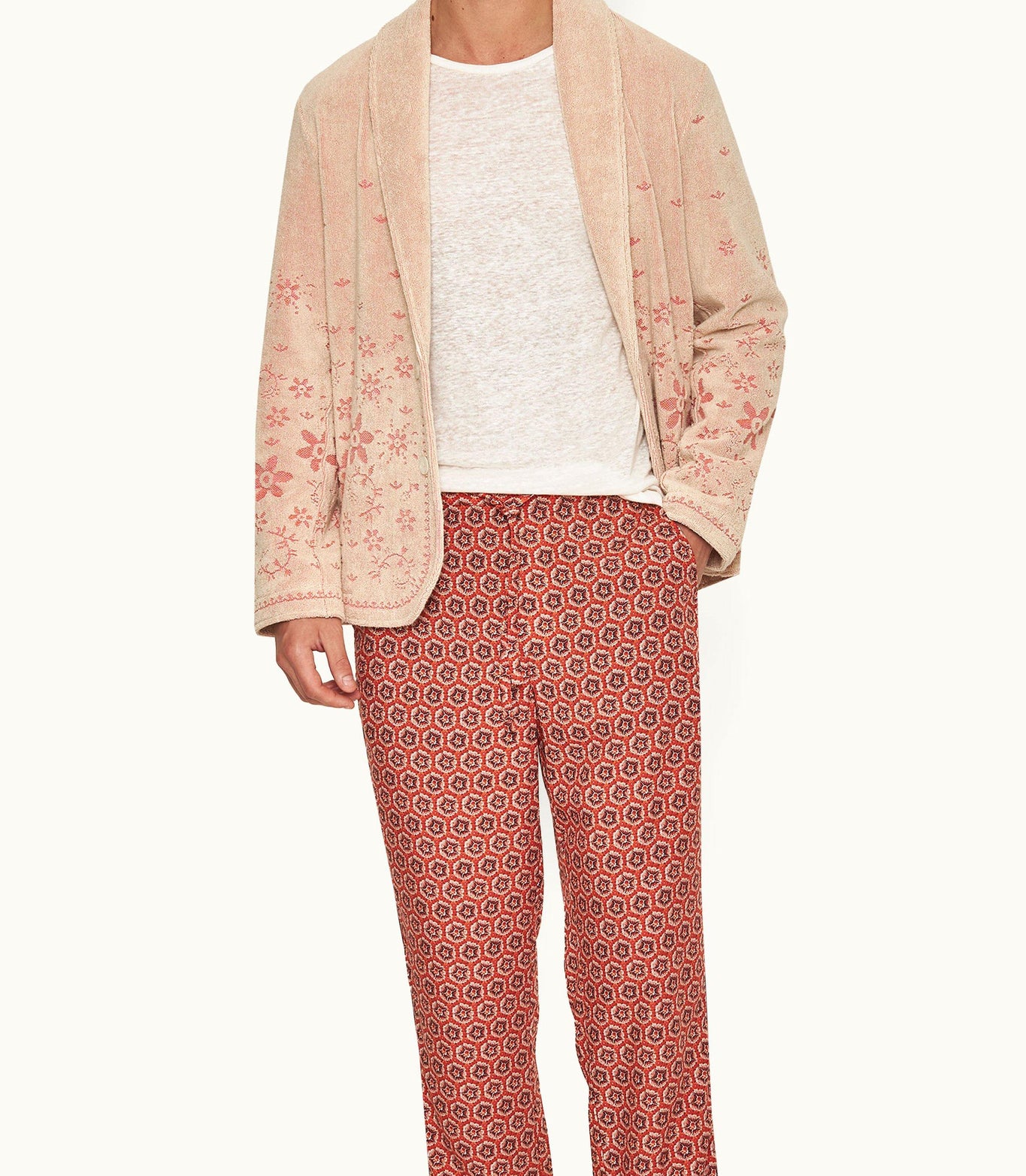 Hallburg Relaxed Fit Two-Button Floral Jacquard Towelling Blazer | White Sand