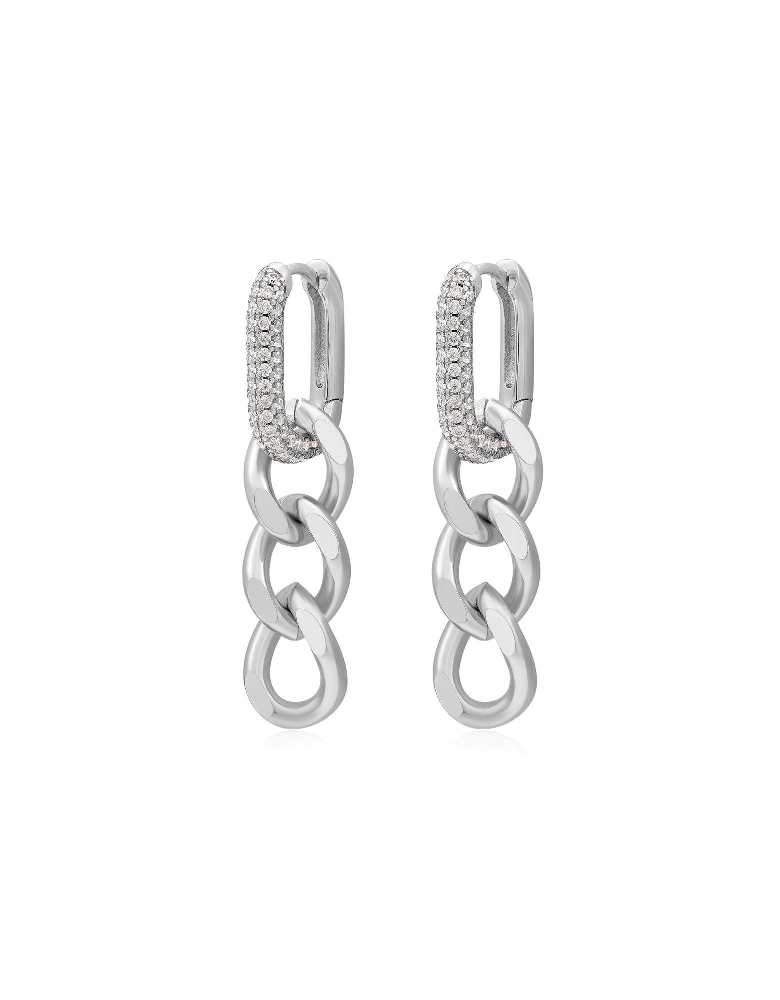 Hanging Pave Chain Link Huggies - Silver | Plated Silver