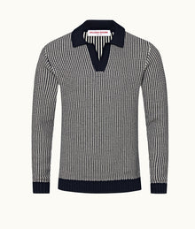Horton Tailored Fit Long-Sleeve Dual-Tone Knit Polo Shirt | Night Iris/White Sand