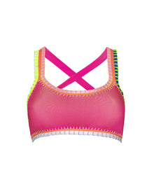 Pink bikini top with colorful trim on a white background