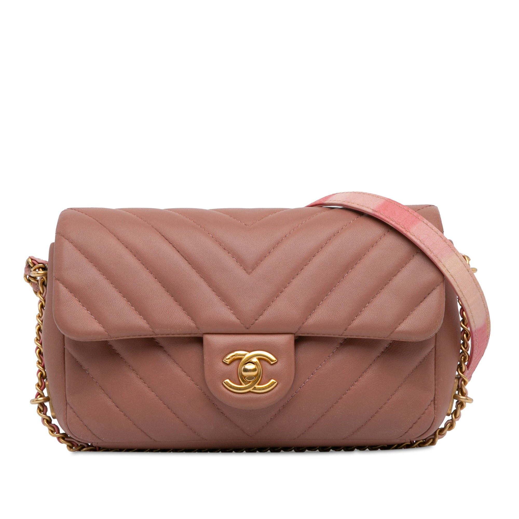 Chanel | Pre-Owned Mini Rectangular Chevron Lambskin Chain Around Flap | Pink/Light Pink