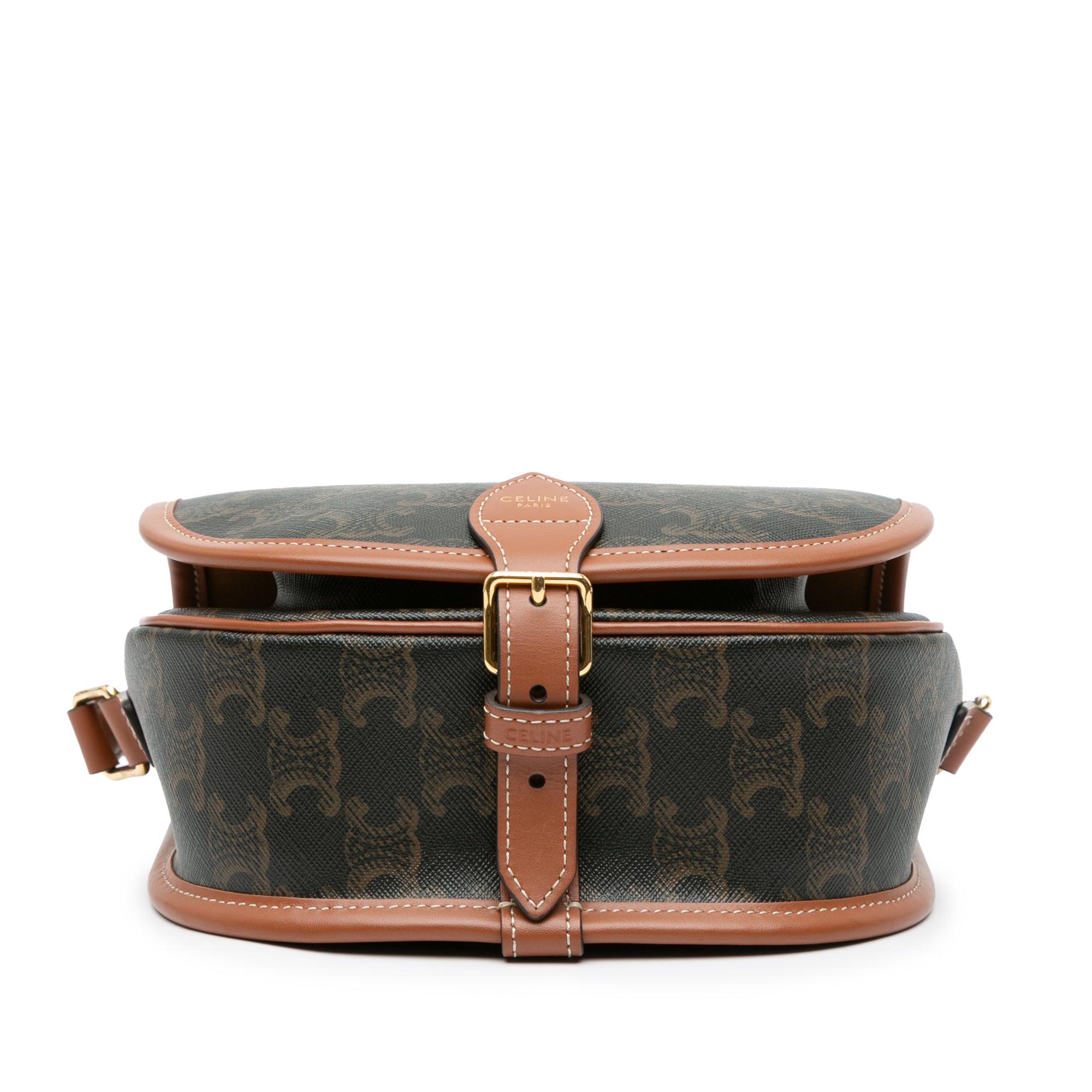 Celine | Pre-Owned Medium Triomphe Coated Canvas Folco Crossbody - I | Caramel/Dark Brown