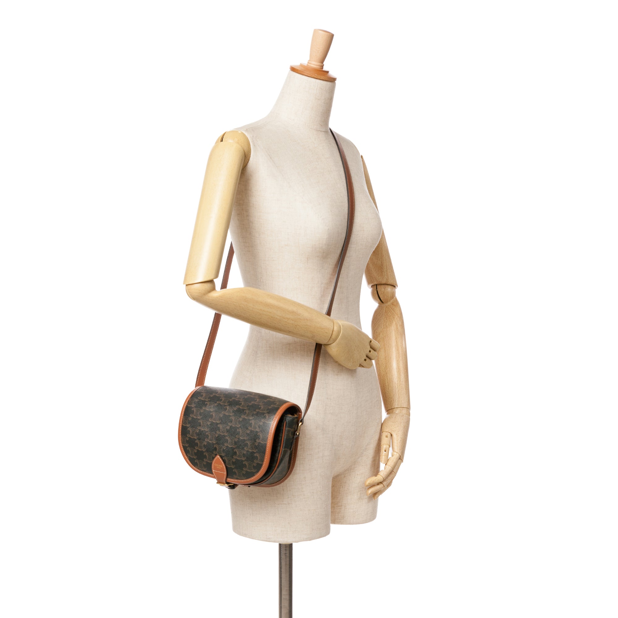 Celine | Pre-Owned Medium Triomphe Coated Canvas Folco Crossbody - I | Caramel/Dark Brown