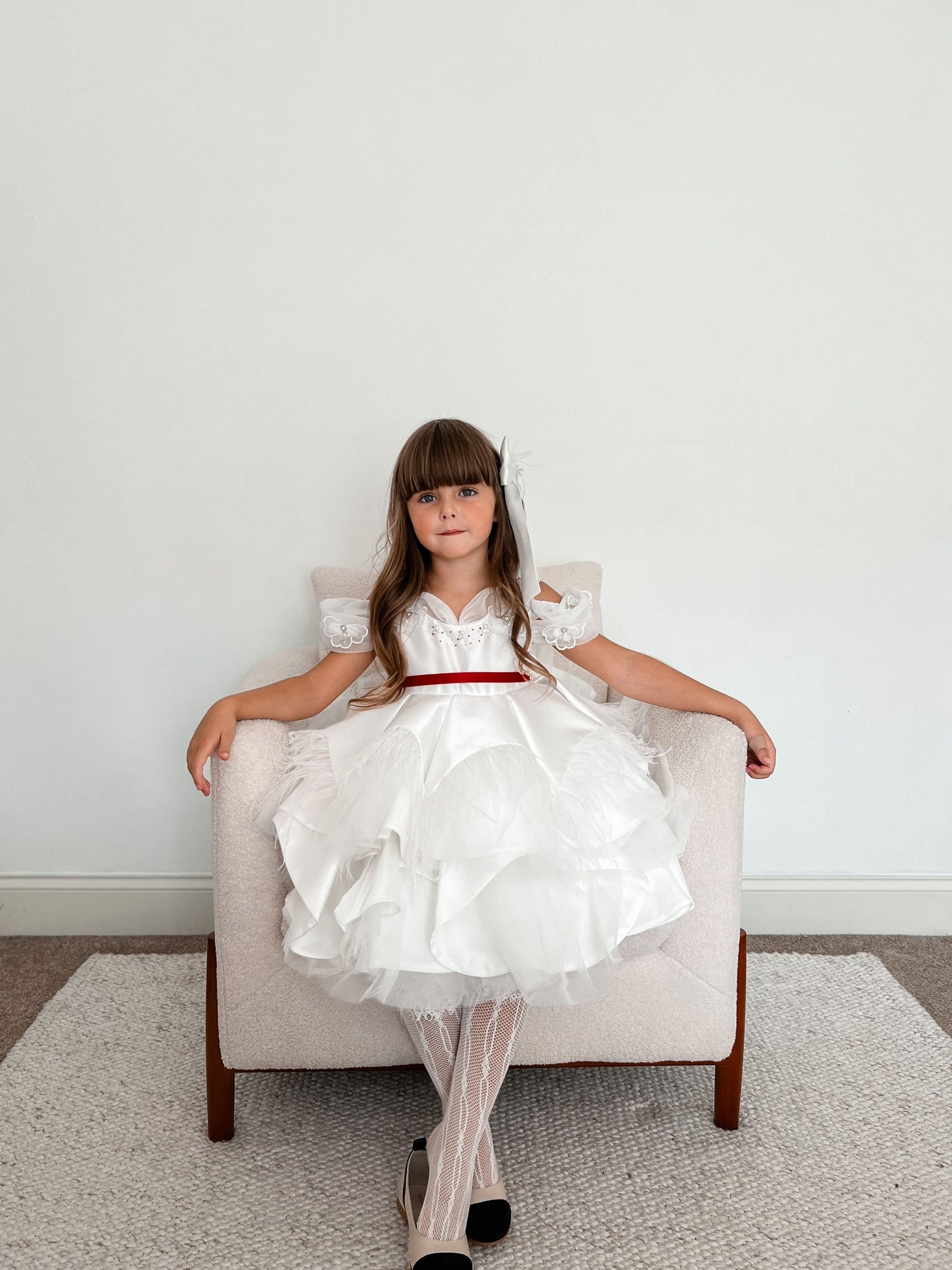 Constanza White Ceremony  Dress with Red Bow | Red