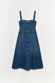 Blue denim dress with square neckline, button-front closure, and matching belt at waist.