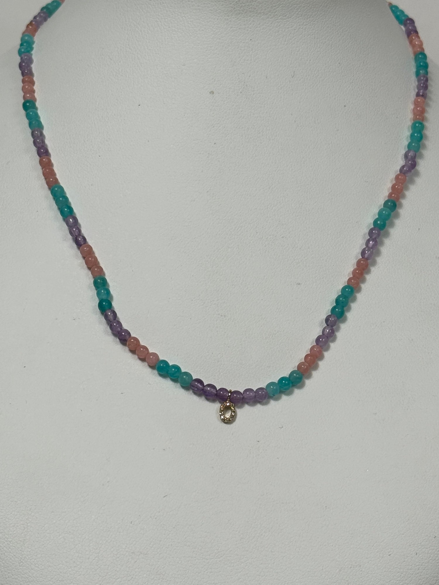 Unicorn Beaded Diamond Initial Necklace | 10K Yellow Gold | 0.03 CTW (Approx) Multicolor Diamond/Diamond/Agate/Rose Quartz/Jade Leaf/Aragonite