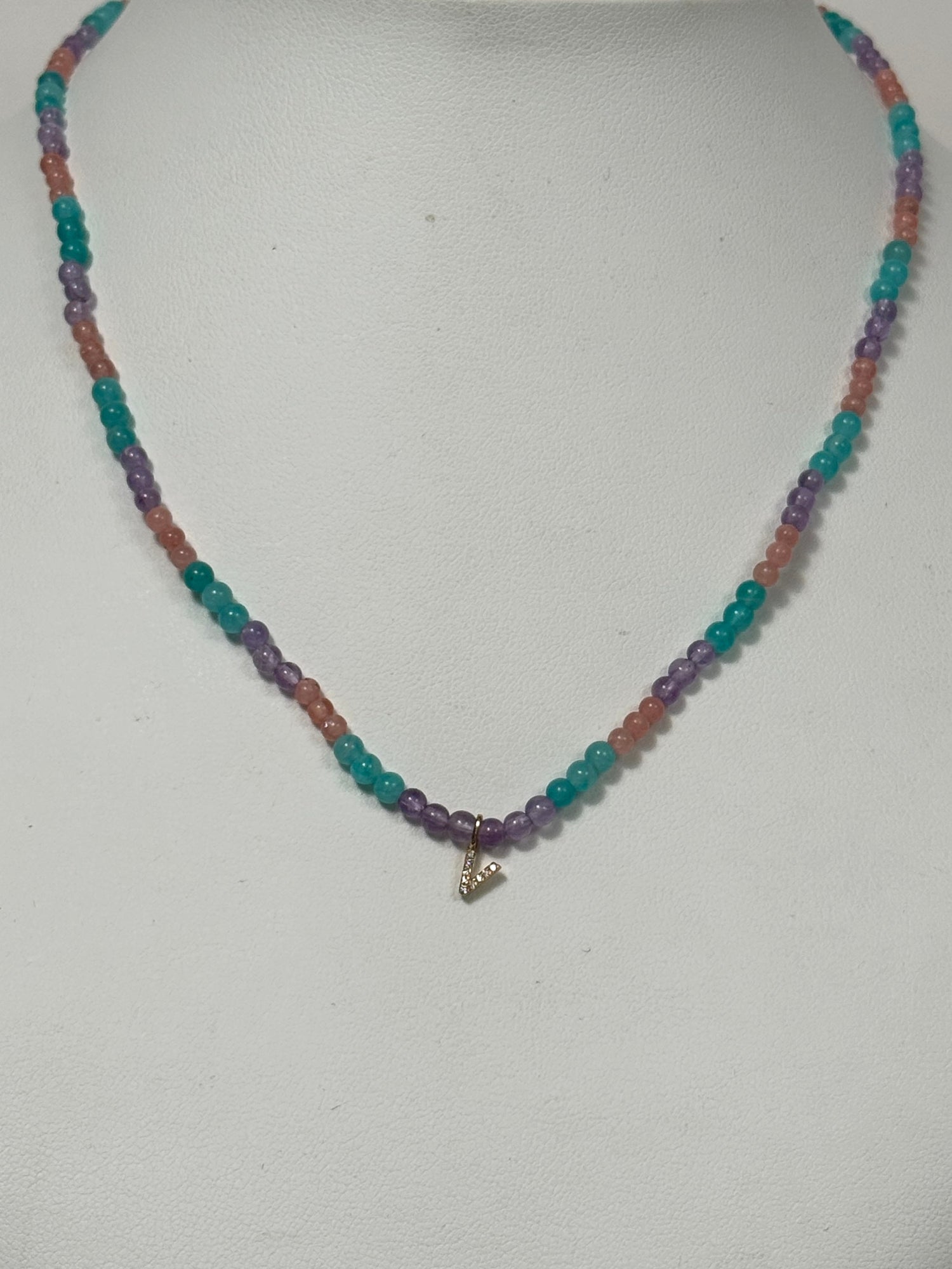 Unicorn Beaded Diamond Initial Necklace | 10K Yellow Gold | 0.03 CTW (Approx) Multicolor Diamond/Diamond/Agate/Rose Quartz/Jade Leaf/Aragonite