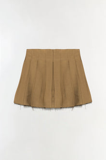 Tan pleated mini skort with frayed hem detail and vertical knife pleats throughout.