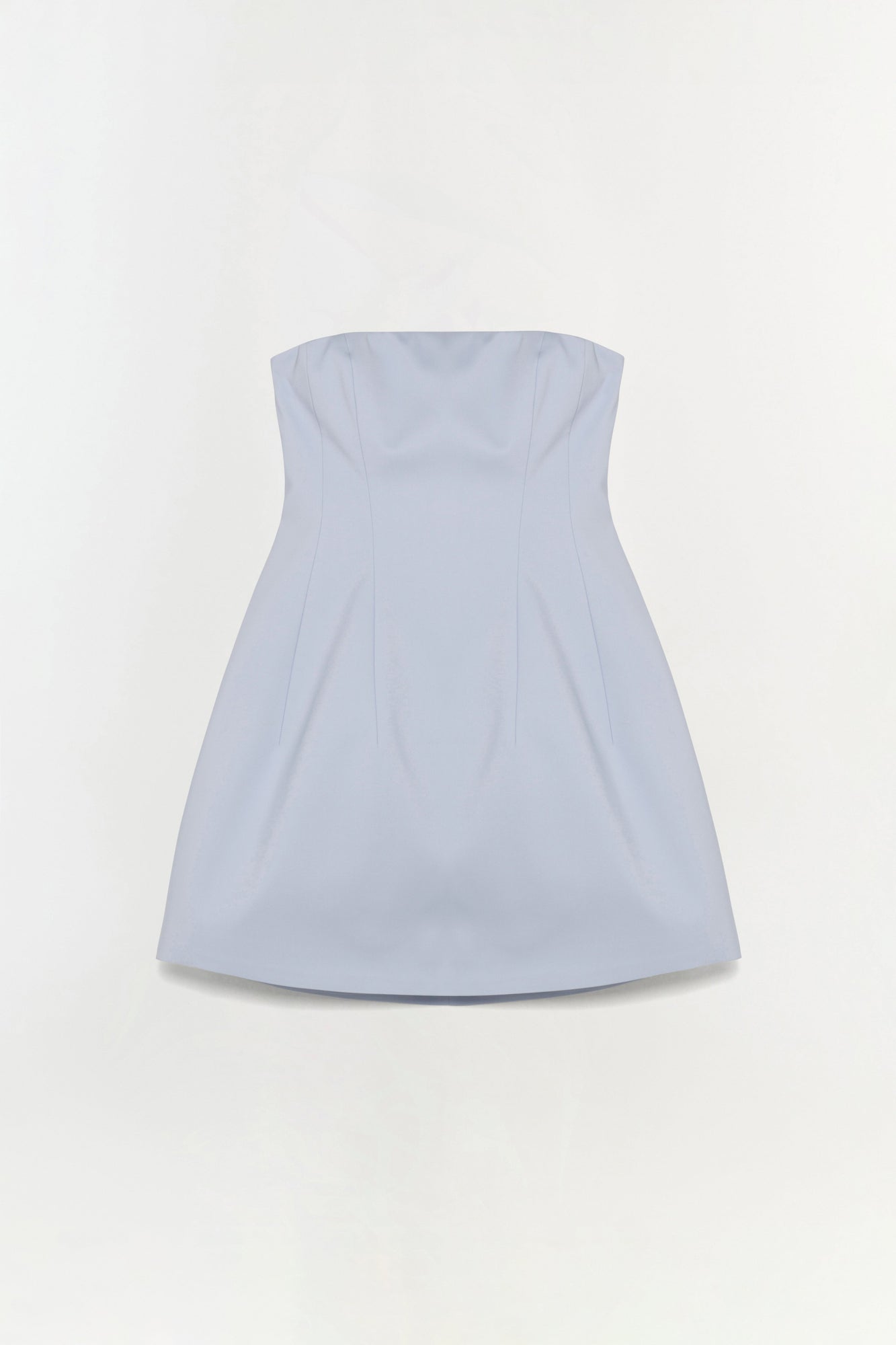 Light blue strapless mini dress with curved seaming and a fitted bodice flaring into an A-line skirt.