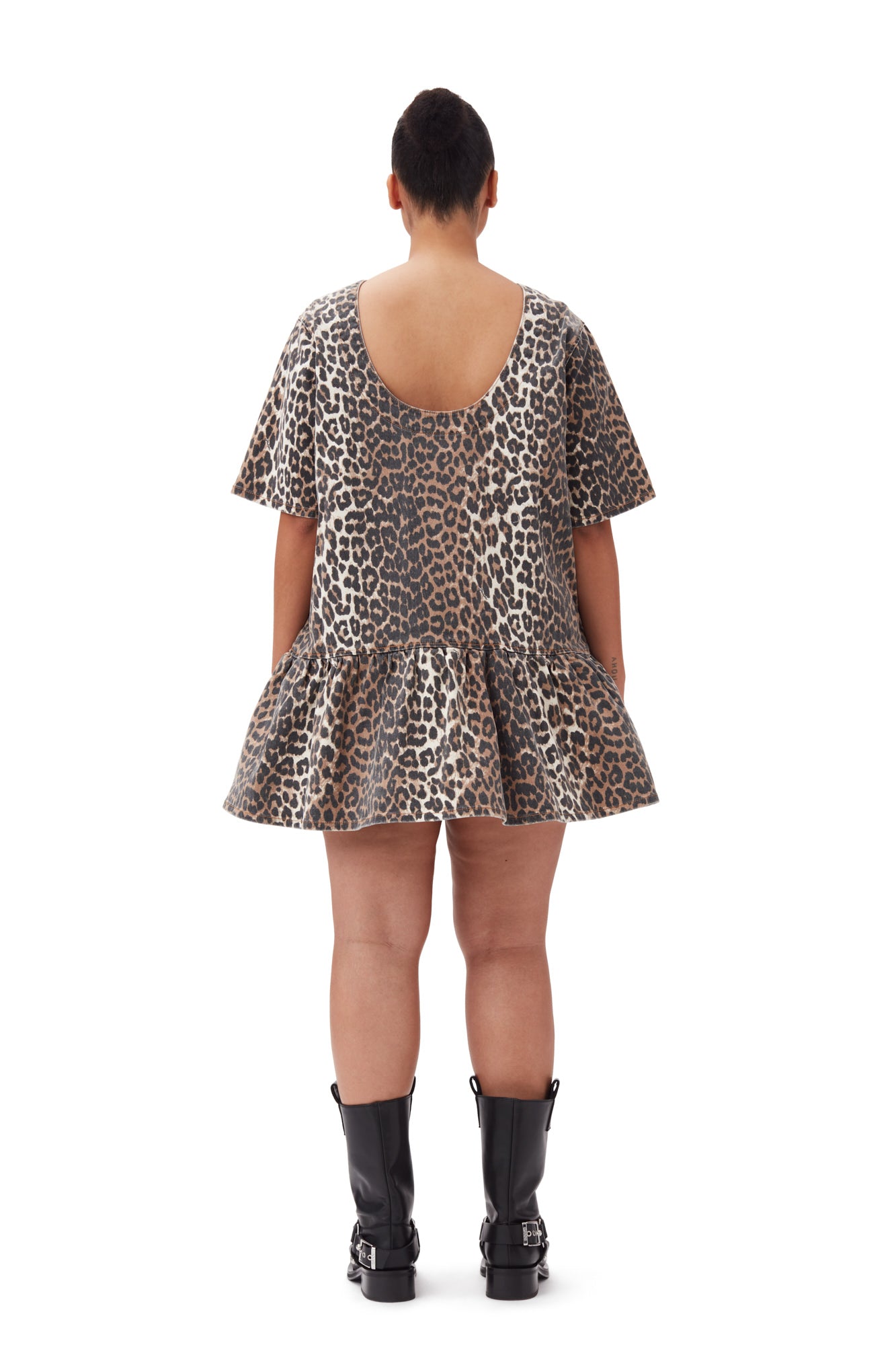 Print Denim Open-Back Mini Dress | Leopard