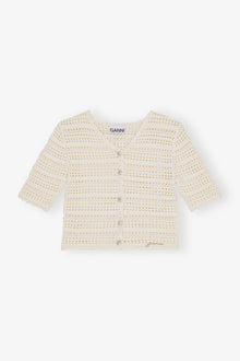 Cotton Pointelle Short Sleeve Cardigan | Egret
