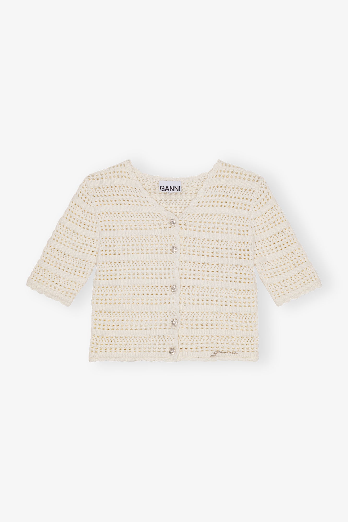 Cotton Pointelle Short Sleeve Cardigan | Egret