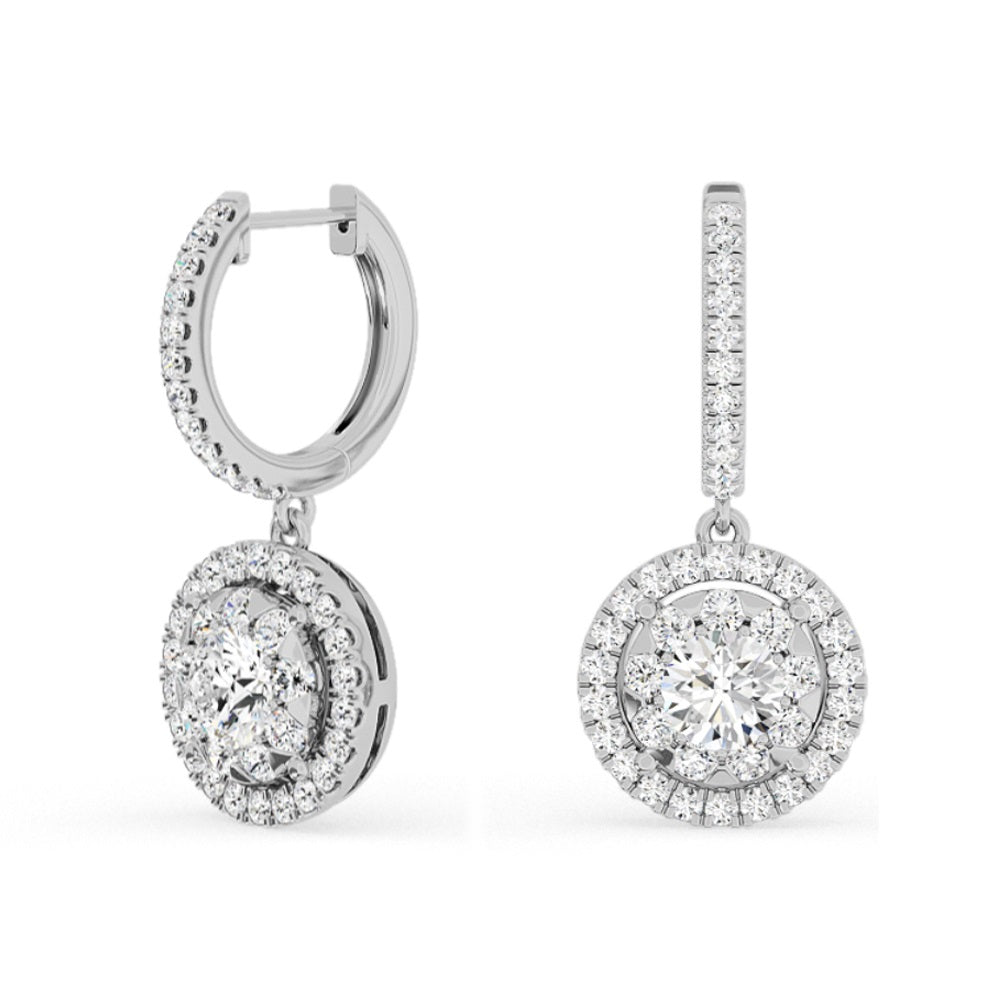 Womens | Halo Dangle Drop Earrings | 14K White Gold | 3.15 CTW Round Cut Lab Grown Diamond | I-J-VS-SI1