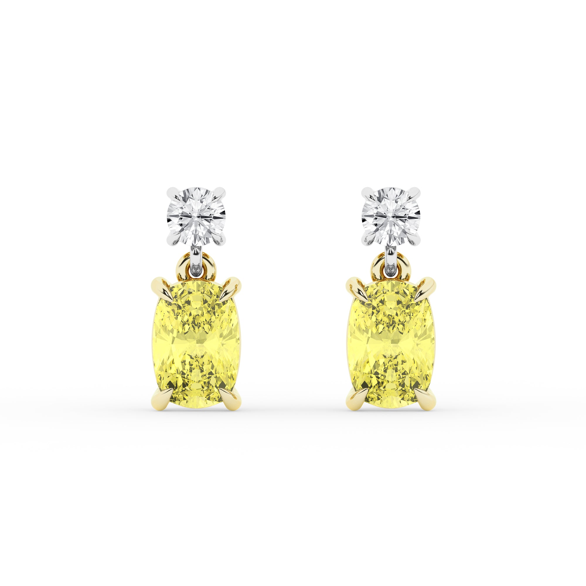 Womens | Drop Earring | 14K Two Tone Gold | 1.75 CTW Long Cushion and Round Cut Lab Grown Diamond | Yellow-VS1