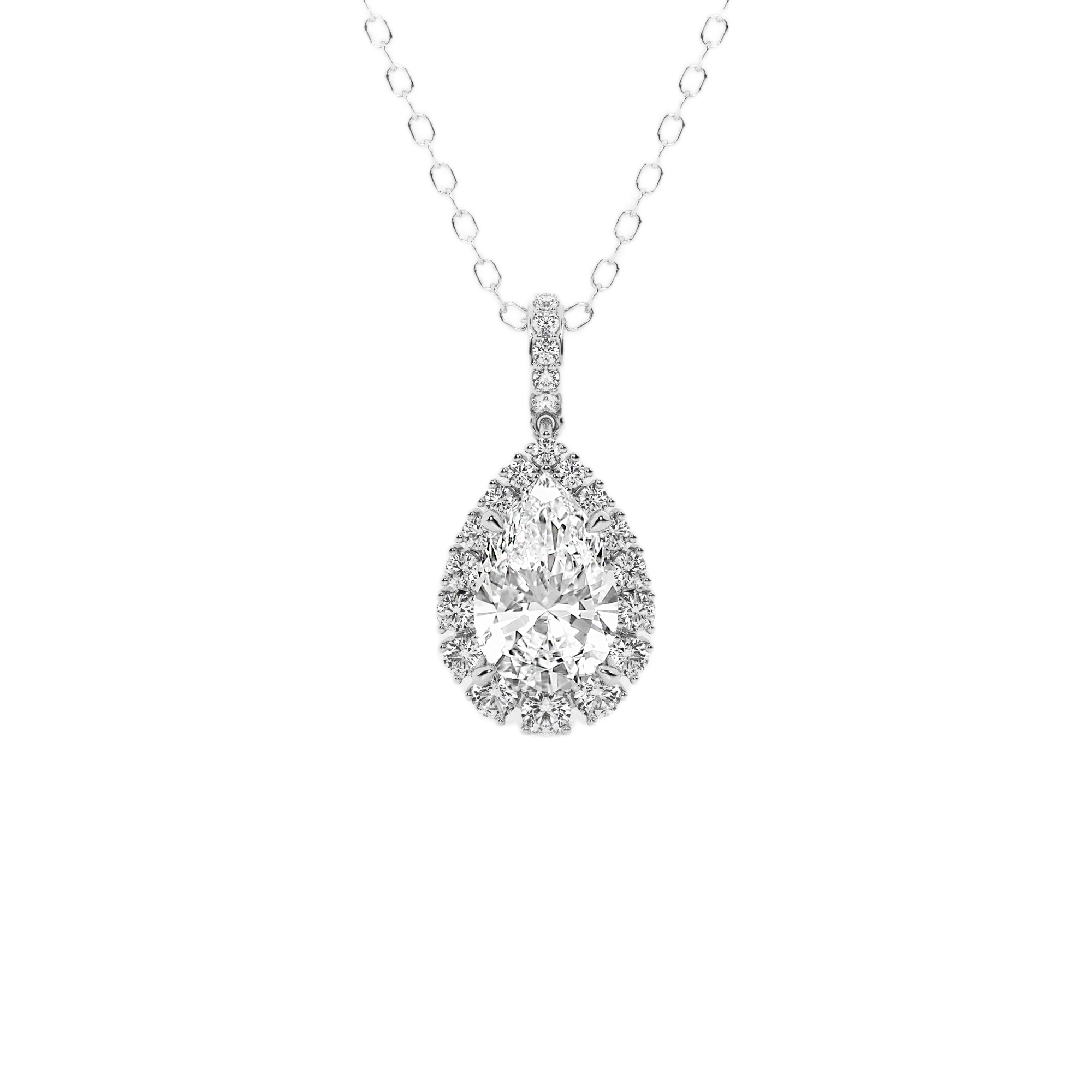 Womens | Halo Solitaire Pendant Necklace | 18K White Gold | 2.25 CTW Pear Cut Lab Grown Diamond | F-VS2