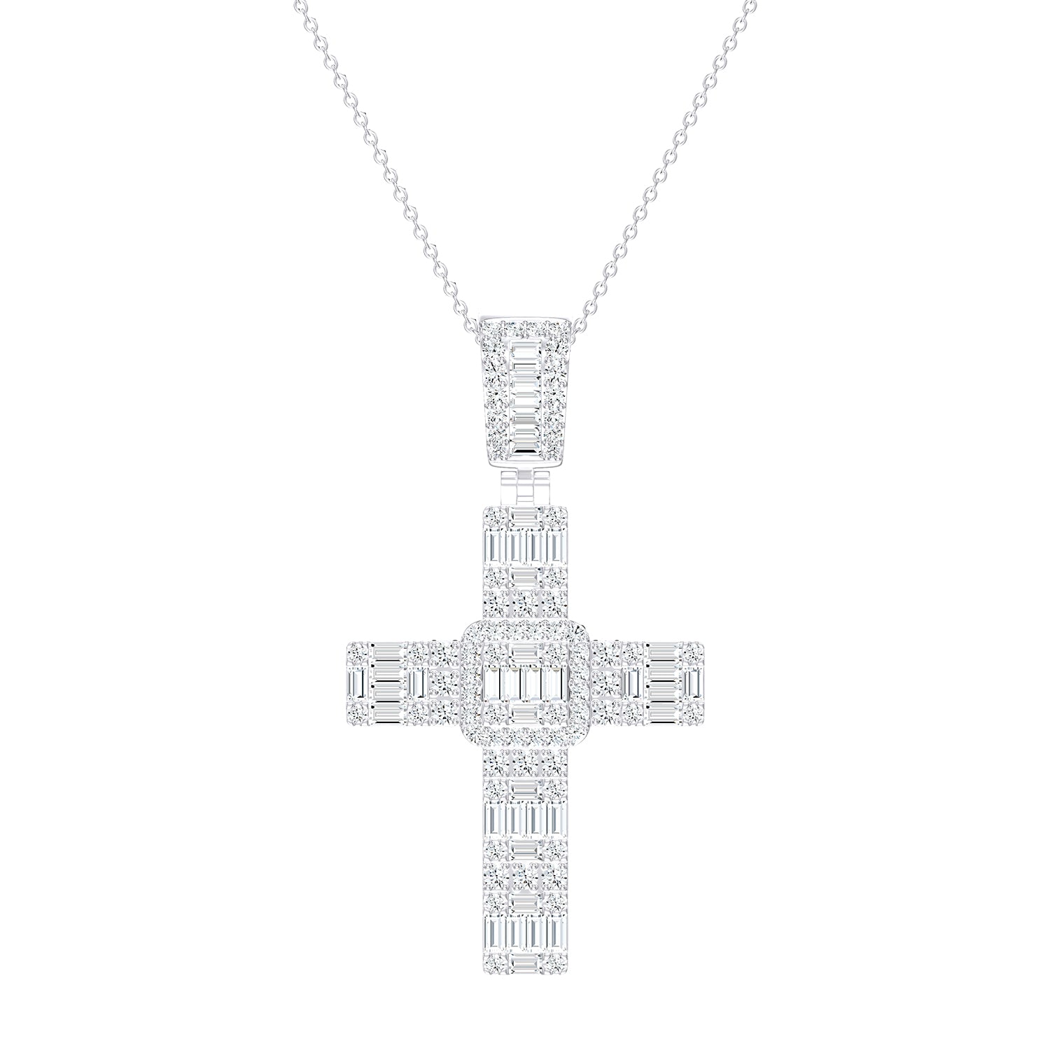 Womens | Cross Pendant Necklace | 14K White Gold | 3 CTW Baguette Cut Lab Grown Diamond | G-VS-SI1