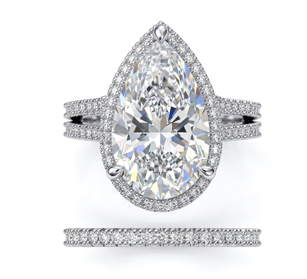 Womens | Bridal Set | 14K White Gold | 8.40 CTW Pear Cut Lab Grown Diamond | F-VS