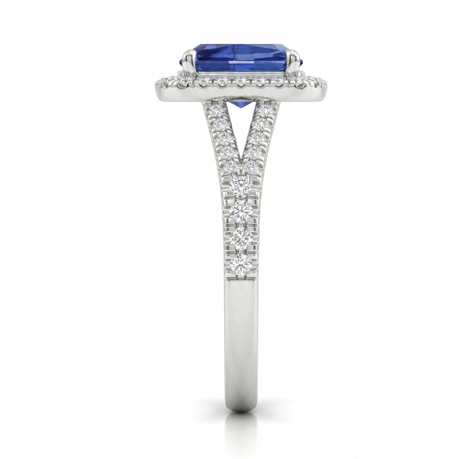 Womens | Halo Split Shant Engagement Ring | 14K White Gold | 2.50 CTW Long Cushion Cut Lab Grown Diamond | Blue-VS1