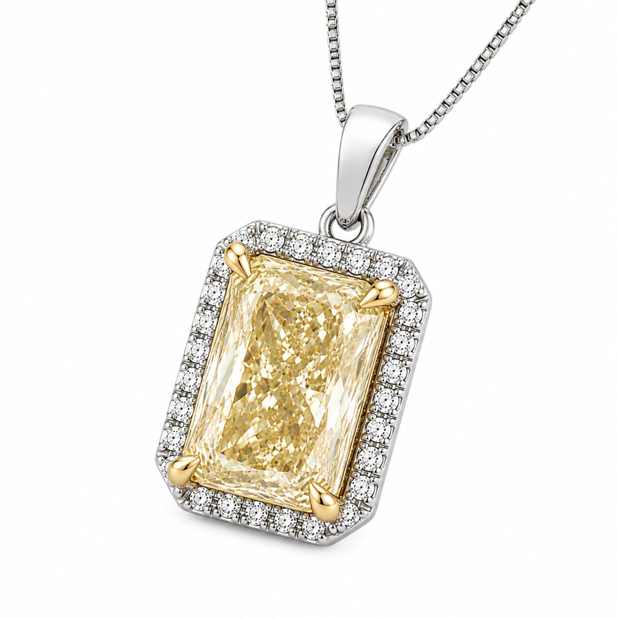 Womens | Halo Solitaire Pendant Necklace | 14K Two Tone Gold | 6 CTW Radiant Cut Lab Grown Diamond | Yellow-VS1
