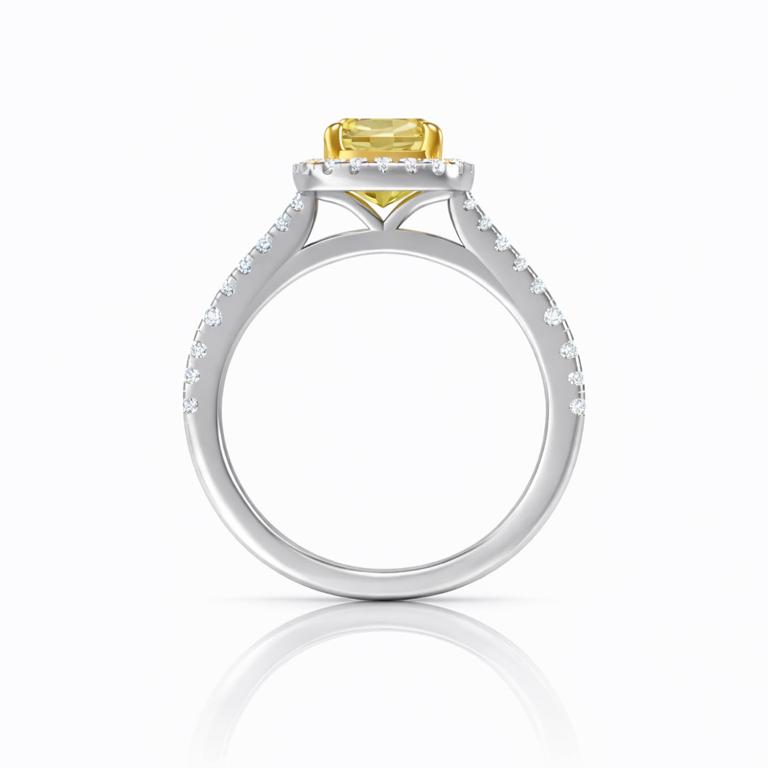 Womens | Halo Split Shant Engagement Ring | 14K Two Tone Gold | 2.50 CTW Long Cushion Cut Lab Grown Diamond | Yellow-VS1