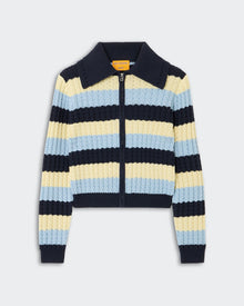 Kirby Jacket - Midnight Combo, a zip-up knit jacket with textured cable knit stripes in navy, pale yellow, and soft blue, featuring a classic collar and ribbed cuffs and hem.
