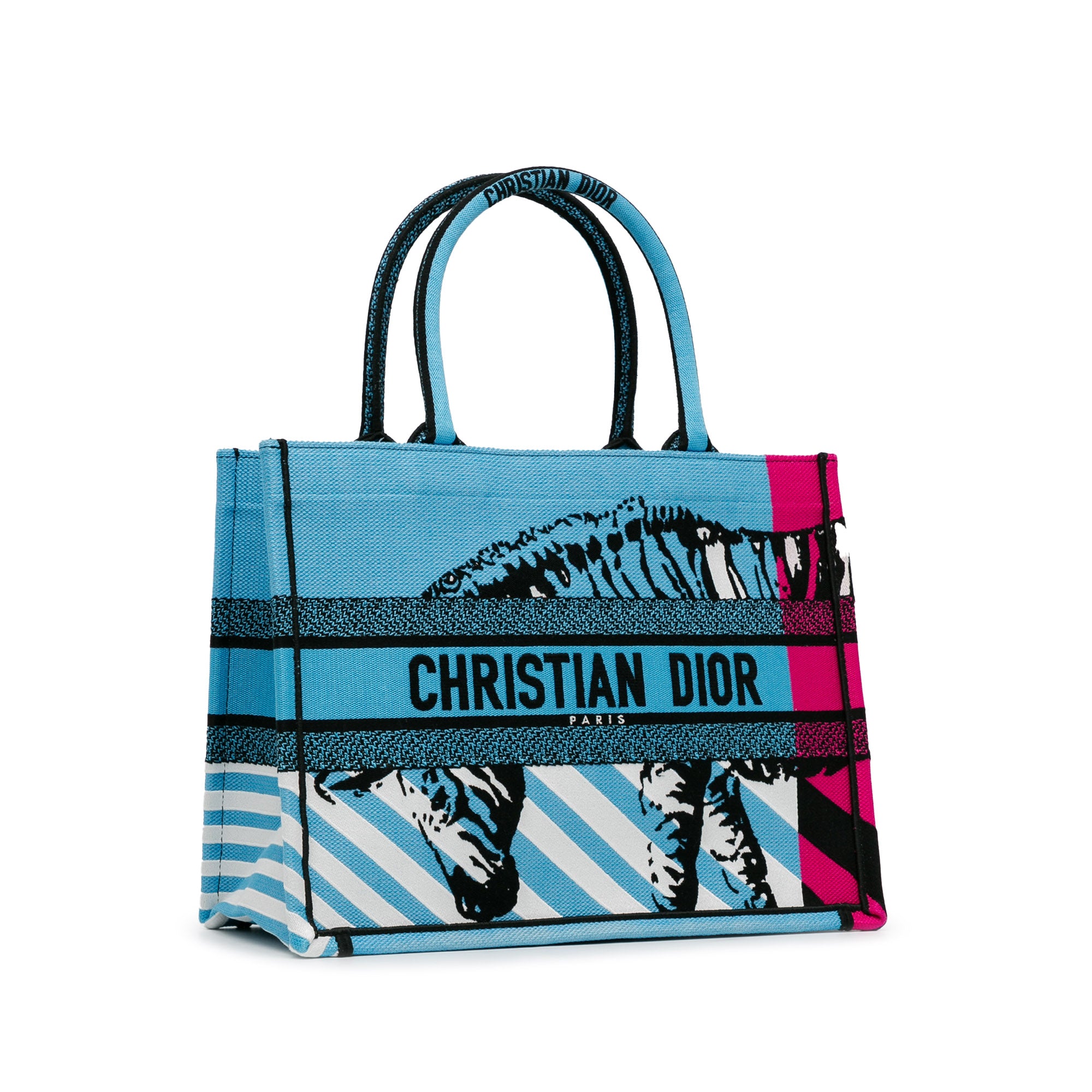 Dior | Pre-Owned Medium Embroidered Canvas Zebra D Jungle Pop Book Tote | Blue/Light Blue