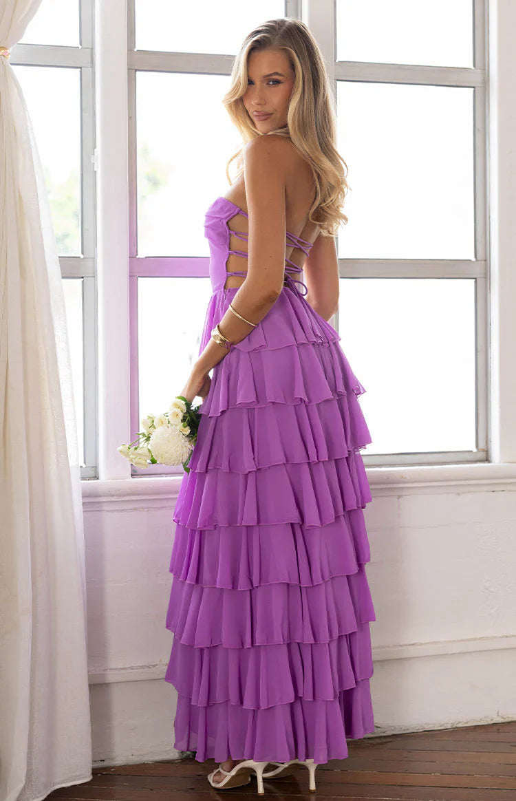 Kim Strapless Ruffle Prom Dress | Magenta