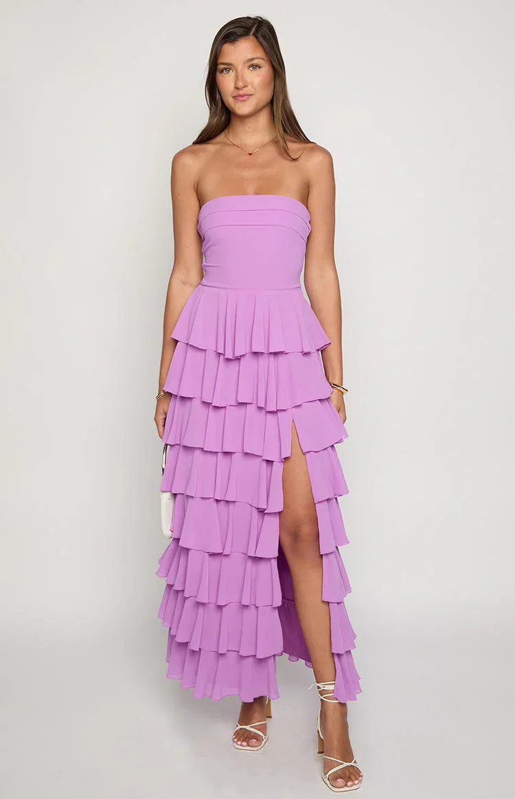 Kim Strapless Ruffle Prom Dress | Magenta