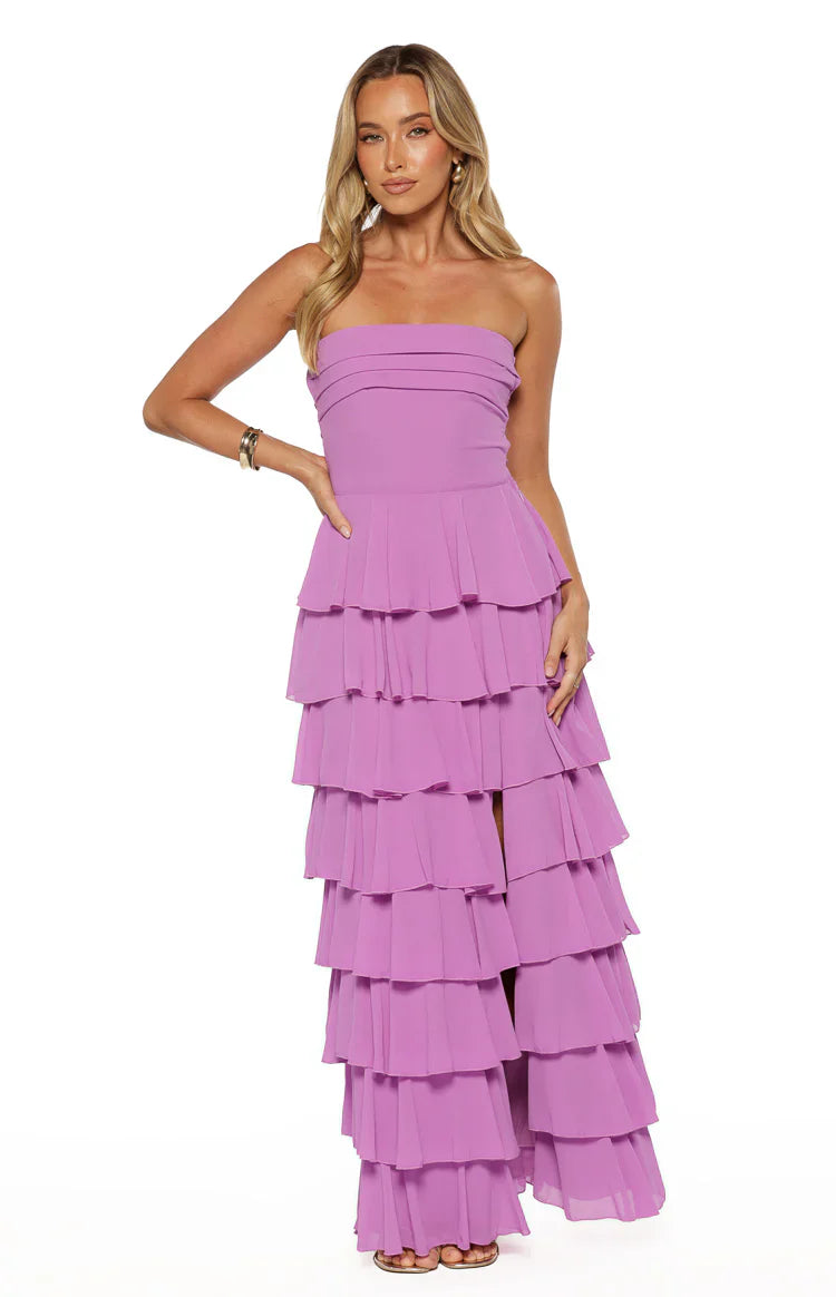 Kim Strapless Ruffle Prom Dress | Magenta