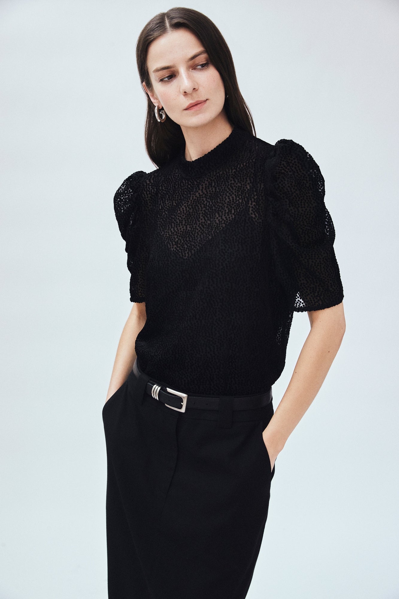 Sheer Puff Sleeve Top | Black