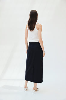 Pinstripe Wool Twill Column Maxi Skirt | Navy