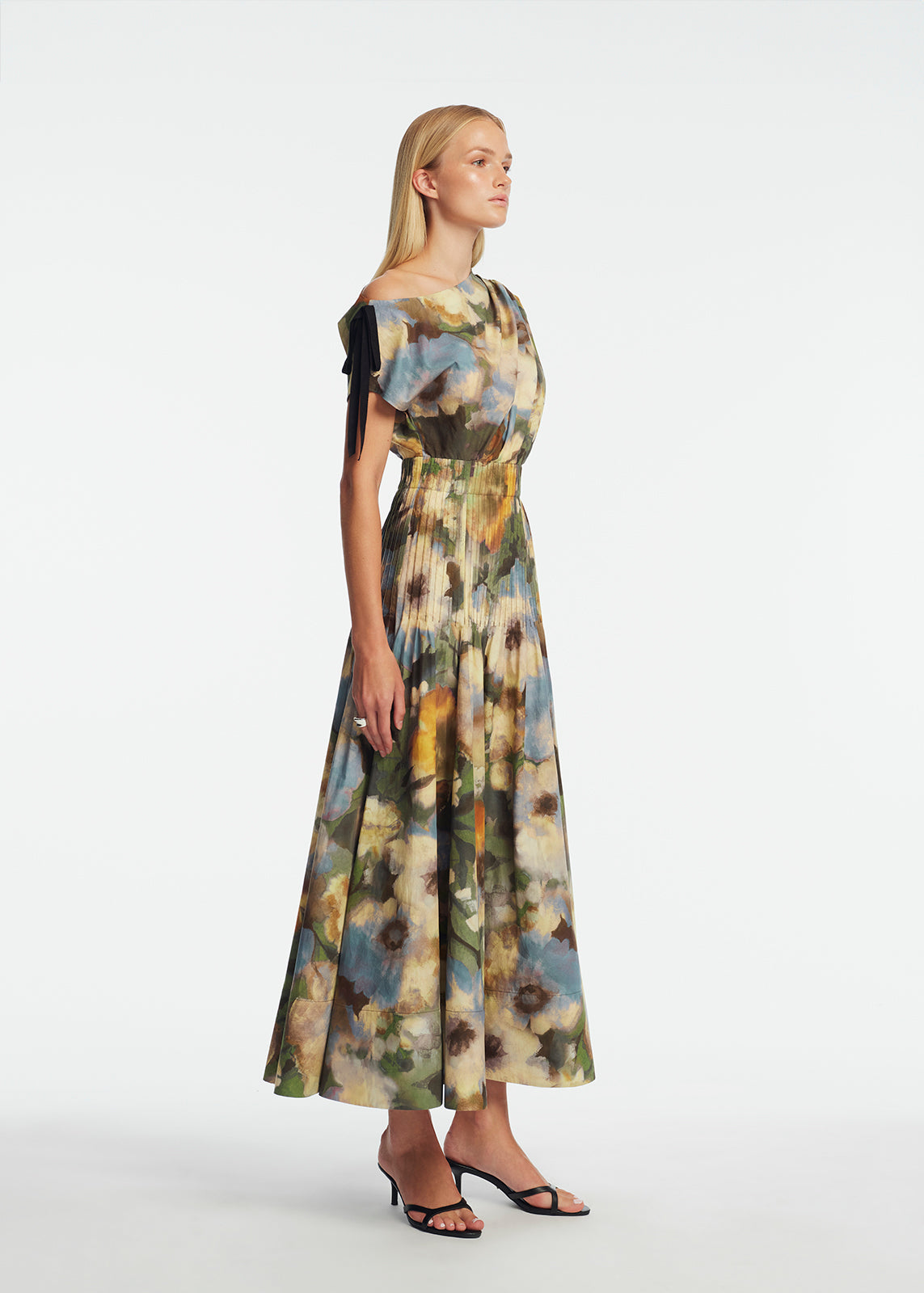 Floral Printed Cotton Draped Shoulder Pleated Dress | Cactus Multi