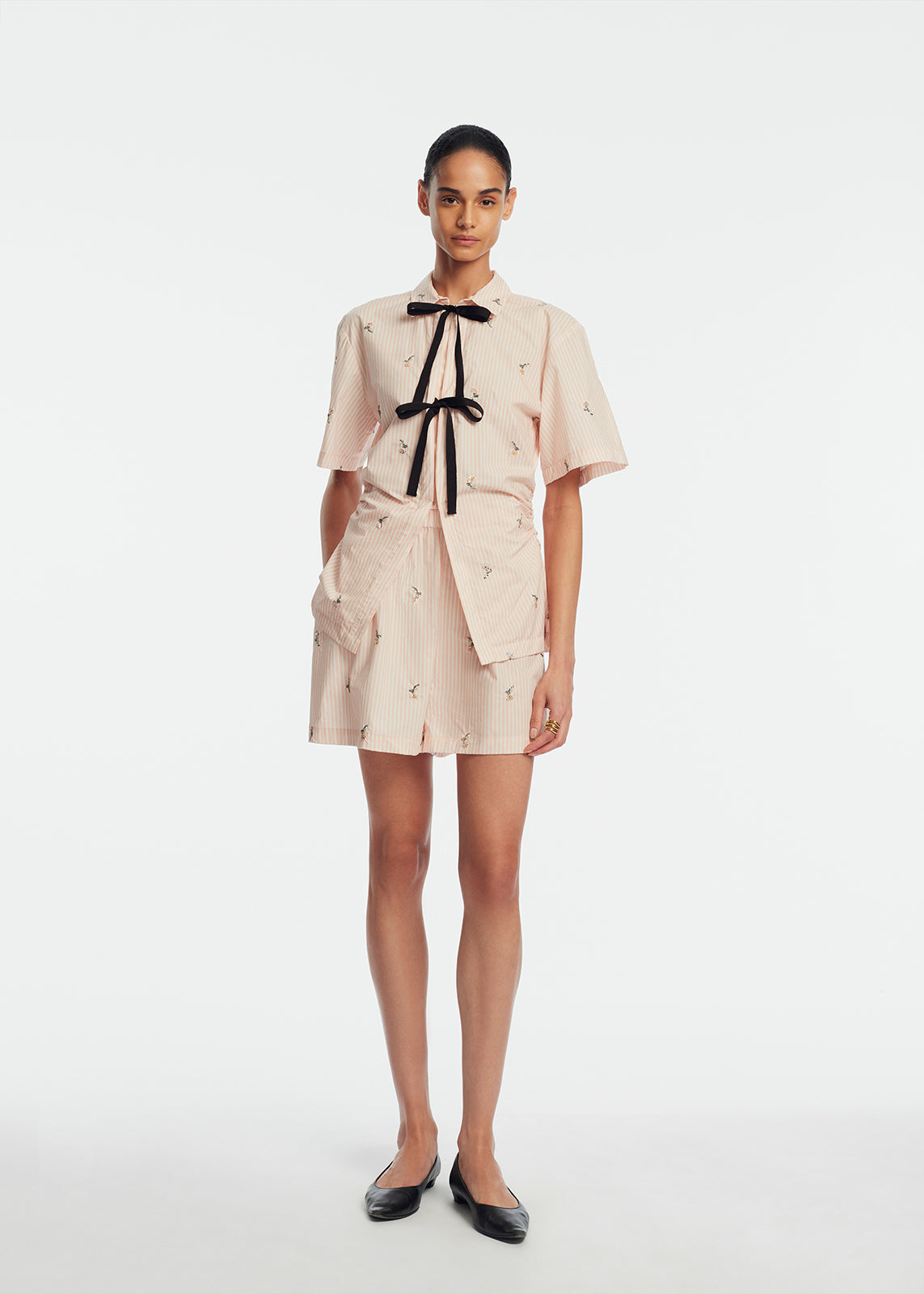 Embroidered Striped Cotton Bow Front Shirt | Blush