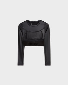 The LORA - 8524026 Black by Rudsak is a women’s fitted, cropped long sleeve top in mesh with a round neck and wide elastic hem branded with Rudsak—ideal for elevated activewear.