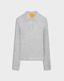 Light gray extra lightweight waffle knit shrunken polo with ribbed collar, three-button placket, cuffs, and hem trim