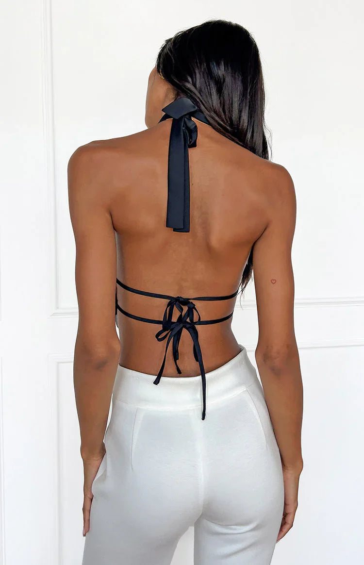 Laylee High Neck Satin Top | Black