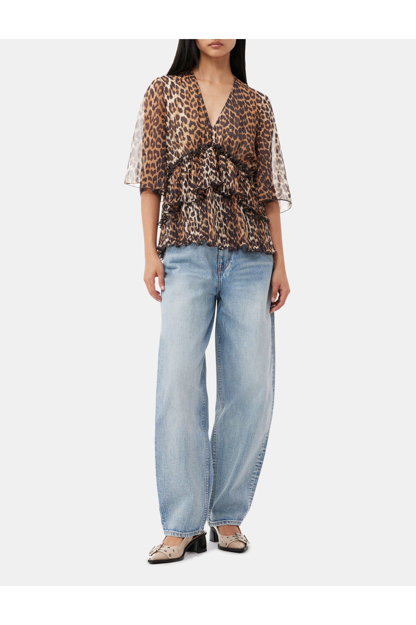 Leopard Pleated Georgette V neck Flounce Blouse | Almond Milk