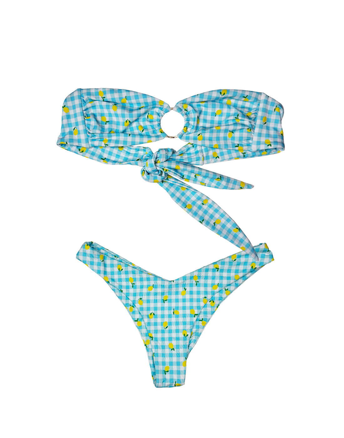 Model modeling the 'Limoncello Spritz Bandeau - Limoncello' bikini top with a center ring detail and gold charm accent, paired with matching tie-side bottoms in a blue gingham print with lemon motifs. Set against a clean, white studio background.