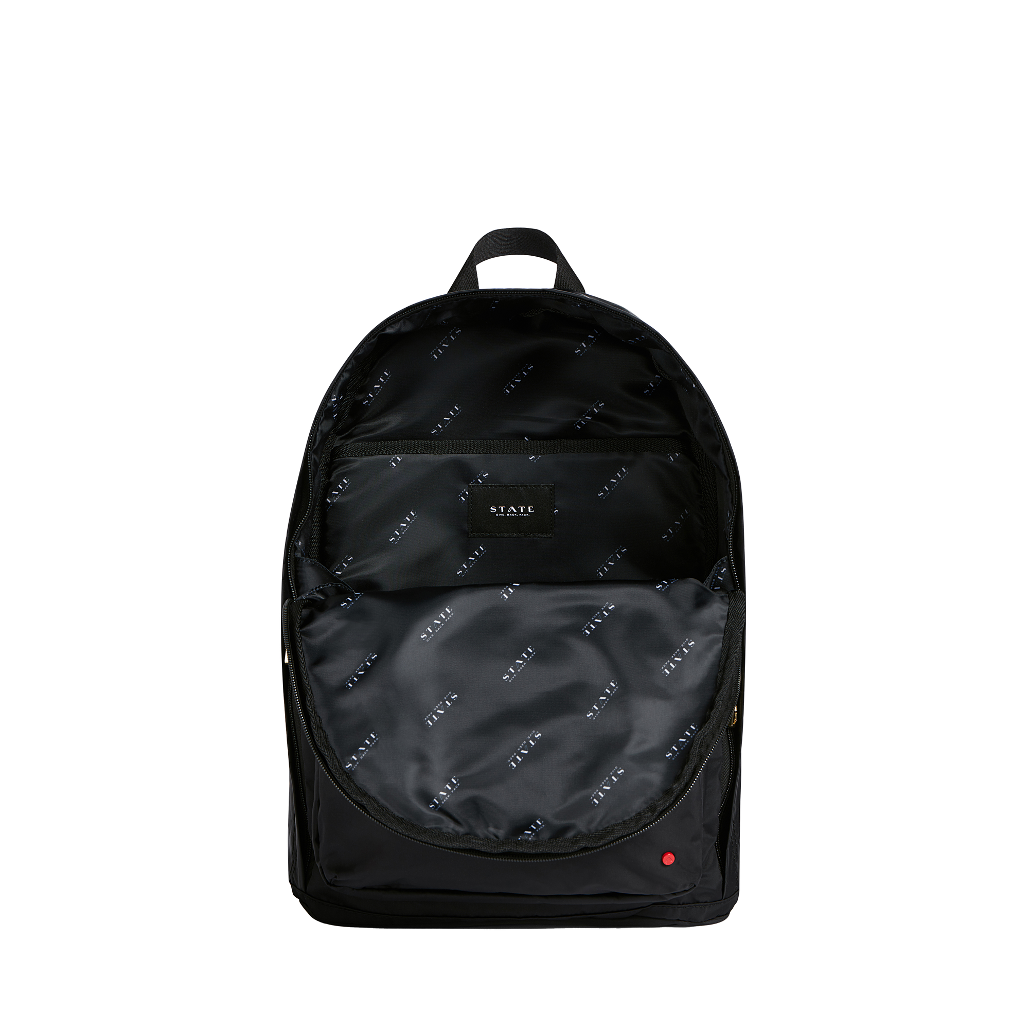 state bags lorimer backpack nylon black/gold interior front view click to zoom