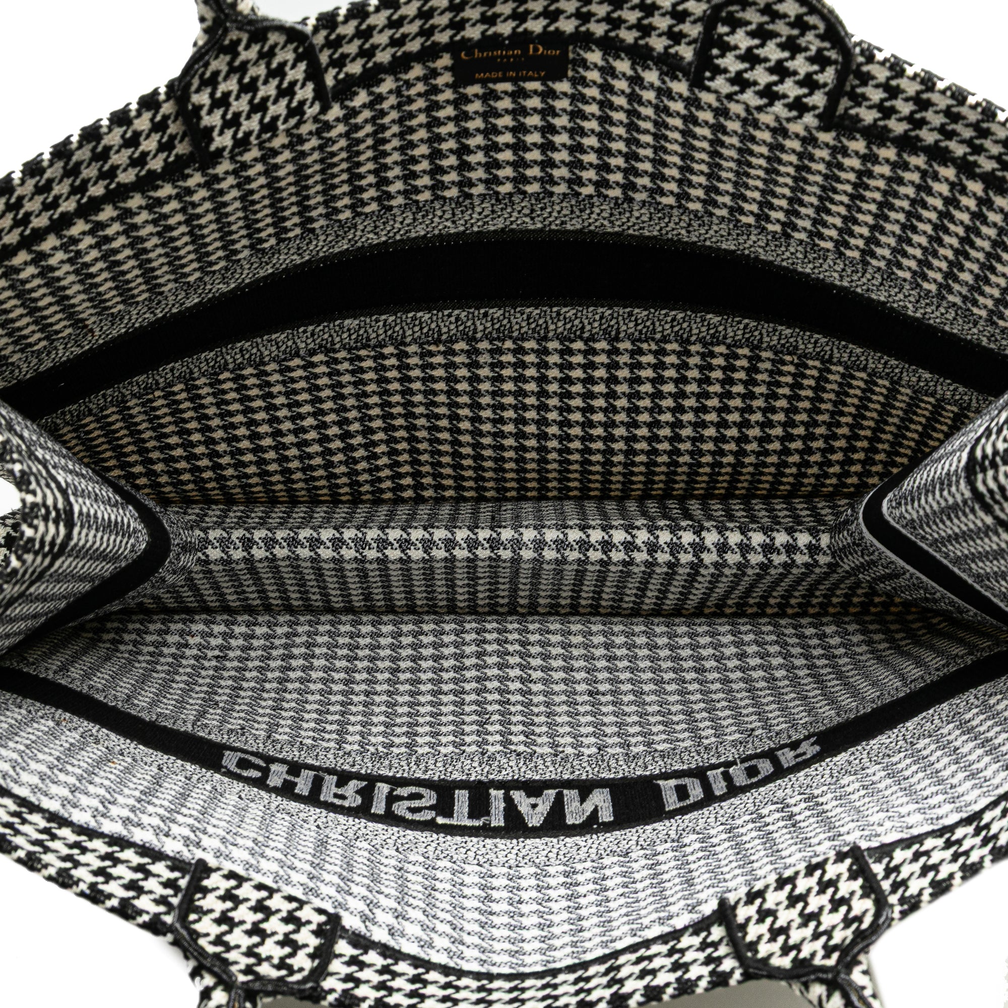 Dior | Pre-Owned Large Canvas Houndstooth Embroidered Book Tote - II | Black