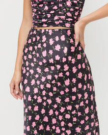 Mandy Midi Skirt in black rosette textured fabric and Cresta Top in black rosette textured fabric.