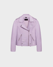 The Rudsak MERGO - 8124034 Lilac Foam women’s biker jacket in lilac, made from supple lambskin leather with silver zippers and buttons, is shown on a plain white background.