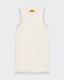 Cream mesh tunic with crochet rope trim and jersey roll at neck and armhole.