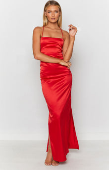 Cherry red satin slip dress featuring a square neckline, delicate spaghetti straps, and a high side slit