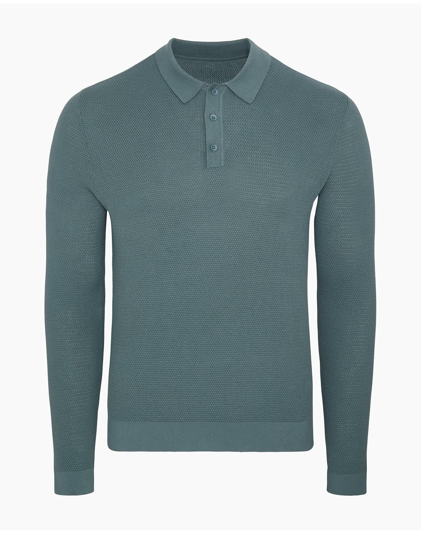 Men | Cotton Textured Knit Long Sleeve Polo Sweatshirt | Fern