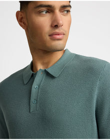 Men | Cotton Textured Knit Long Sleeve Polo Sweatshirt | Fern