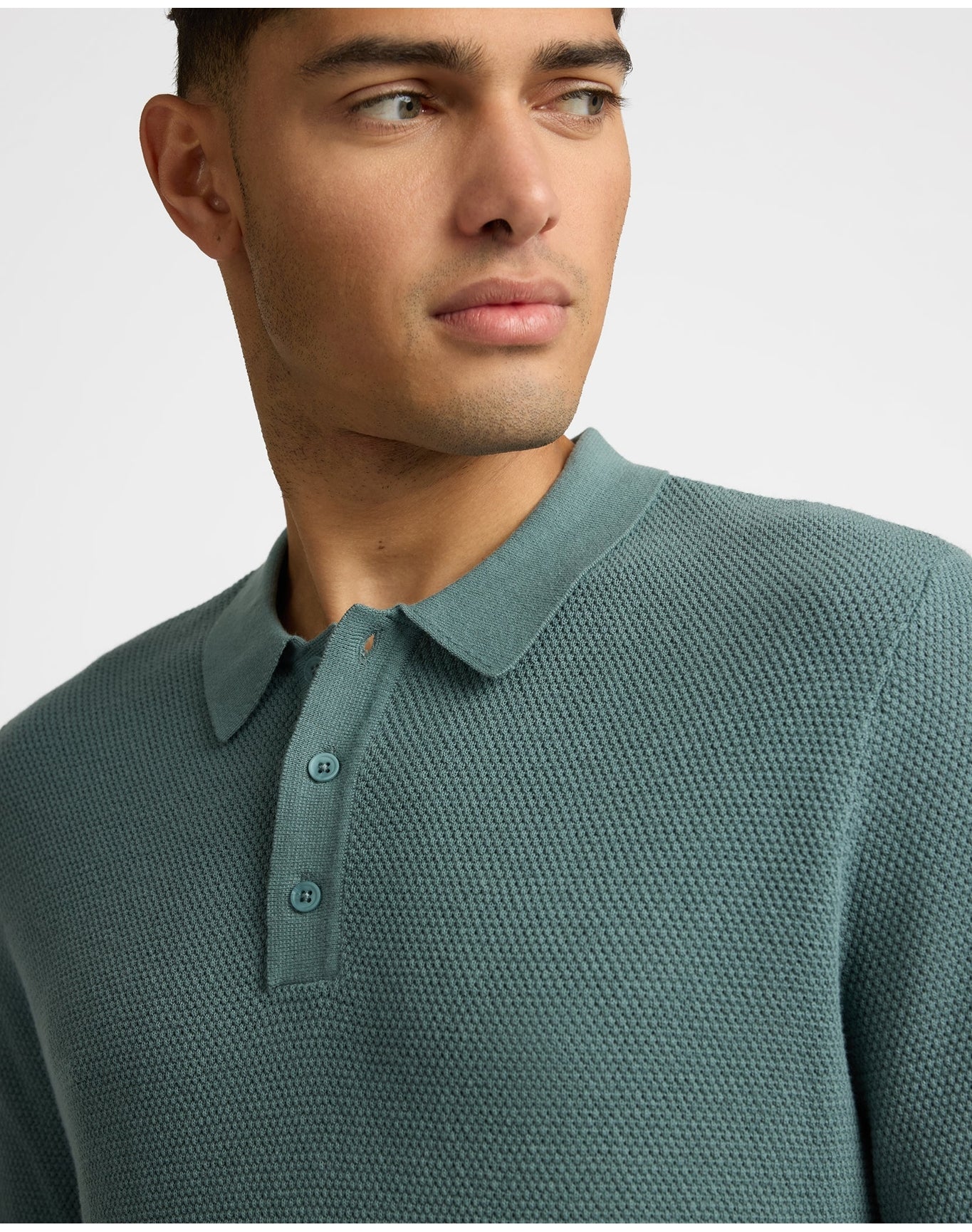 Men | Cotton Textured Knit Long Sleeve Polo Sweatshirt | Fern