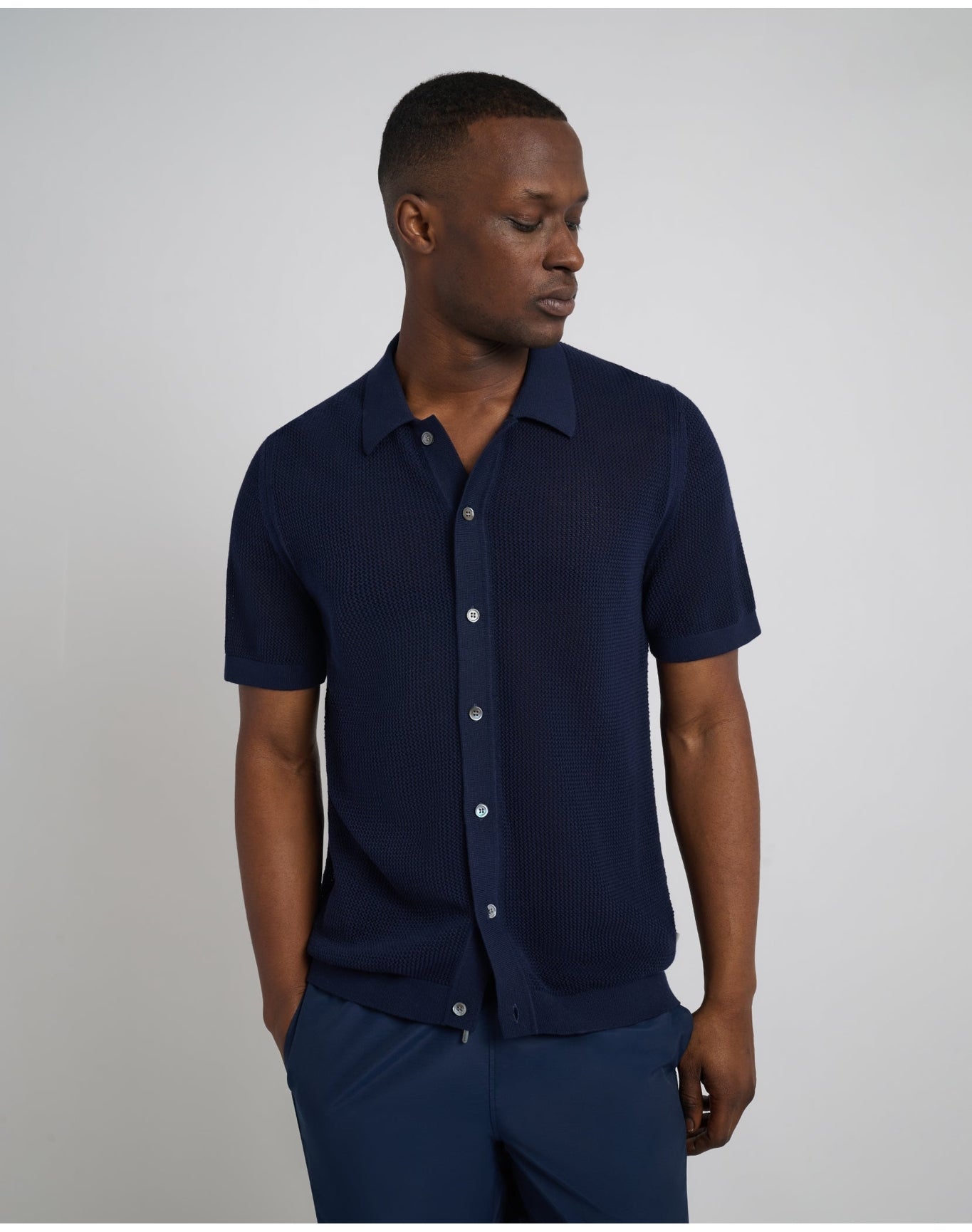 Men | Crochet Knit Button Up Shirt | Deep Navy VTAG V2