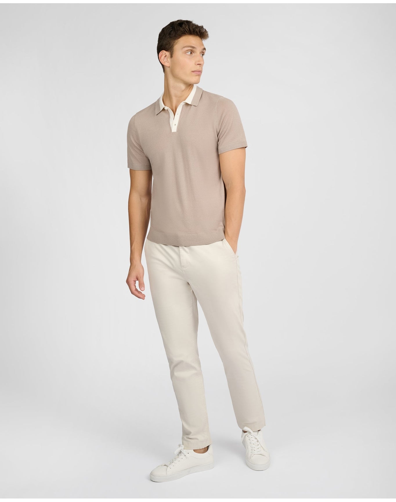 Men | Extra Fine Merino Wool Polo | Oxford Tan x White