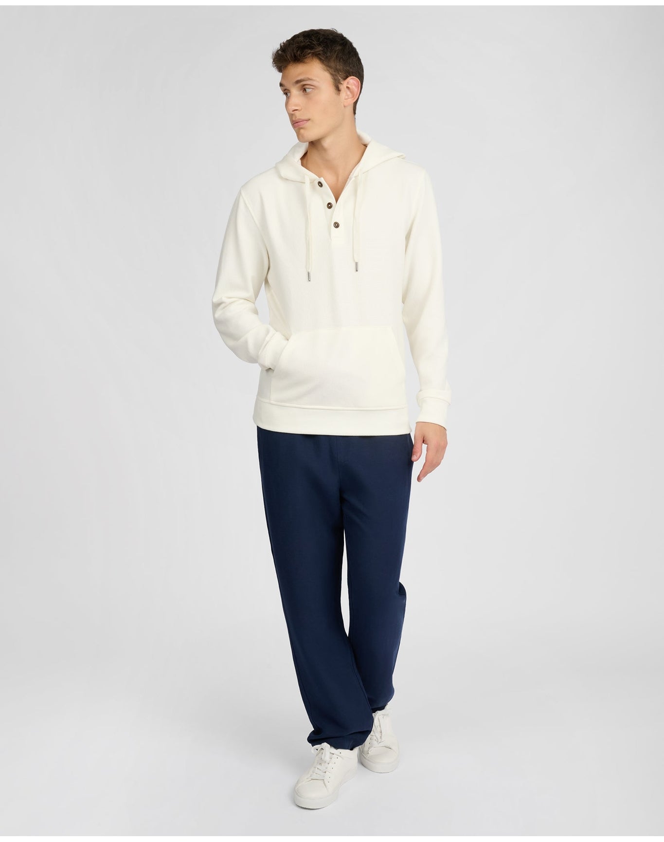 Men | Waffle Half Button Hoodie | Egret